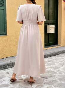 Flirla Plus Size Solid V-Neck Short Sleeve Slit Hem Casual Long Dress - Apricot - View 2