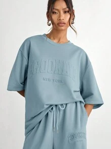 Manfinity INSISELF 2pcs/Set Men's Loose Dropped Shoulder Round Neck Short Sleeve T-Shirt + Drawstring Waist Straight Leg Pants Suit - Blue - View 2