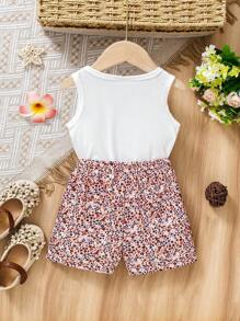 SHEIN Vintaside Kids Set de 2 piezas para bebé niña con parte superior sin mangas con diseño de flores y forma de amor, y shorts, para verano