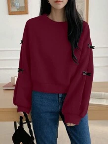 DAZY Color Block Bow Decor Ronde Hals Losse Fit Dames Sweatshirt, Herfstkleding