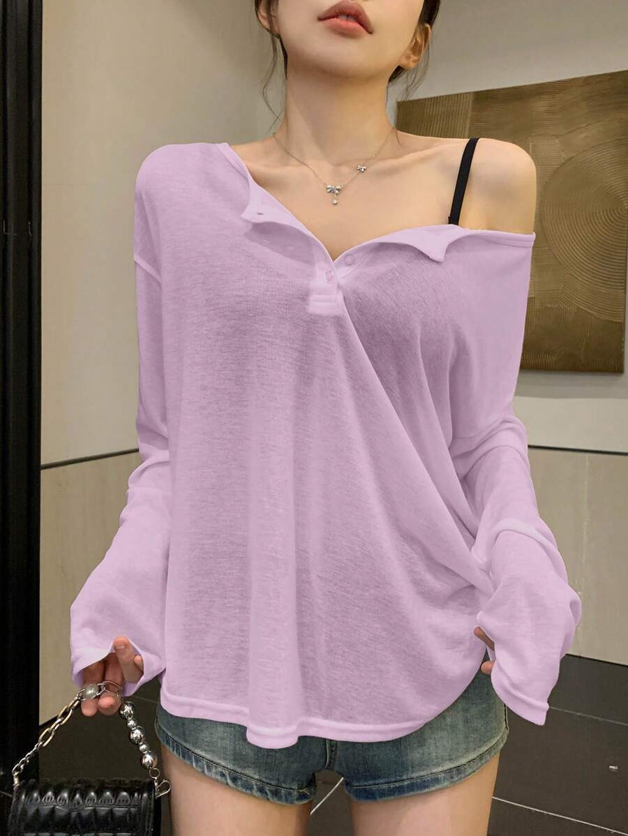 DAZY 1 件女式纯色长袖 T 恤，简约时尚休闲风格，适合日常穿着，返校服装 - 紫色 - 查看 1