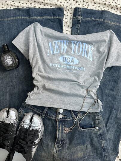 SHEIN Teen Girls' Spring & Summer Street Style, All-Match, Casual, Versatile, Sporty Fashion Cropped Text Print Asymmetric Shoulder Tops, Great For Back-To-School Season