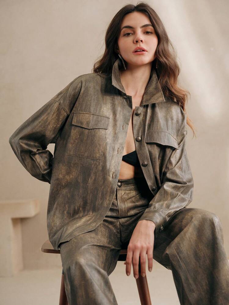 Women's Spring Modern Retro Style Imitation Sand Washed Lapel Long-Sleeved Shirt Wide-Leg Pants Two-Piece Suit