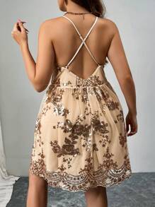 SHEIN Unity 大码性感亮片刺绣网眼后背镂空齐膝紧身派对连衣裙，适合夏季 - 彩色 - 查看 2