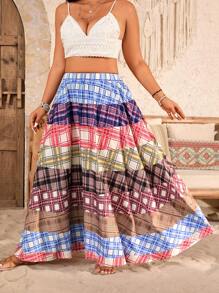 Breezaya Falda larga casual de talla grande para mujer con cintura elástica y estampado a cuadros