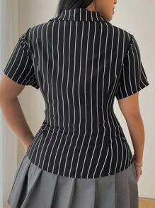 POPSWAY Plus Size Women Striped Print Button Front, Short Sleeve Casual Shirt - Black - View 3