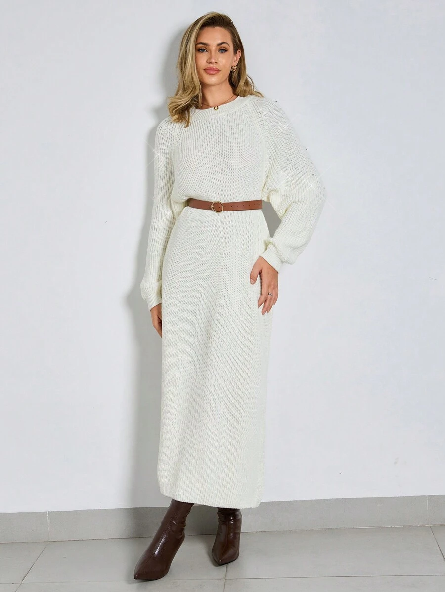 EURMUSE Round Neck Raglan Sleeve Maxi Sweater Dress With Beading - White - View 1