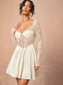 L'Amorae Elegant Women's Sheer White Lace Bustier Long Sleeve Mini Dress,Off-White Autumn Outfit For Date Night,Formal Party,Prom,Wedding & Evening Events - Apricot - View 4