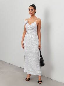 Chiquease 女士时尚波尔卡圆点印花荷叶边前开衩无袖连衣裙，春夏 - 白色 - 查看 5