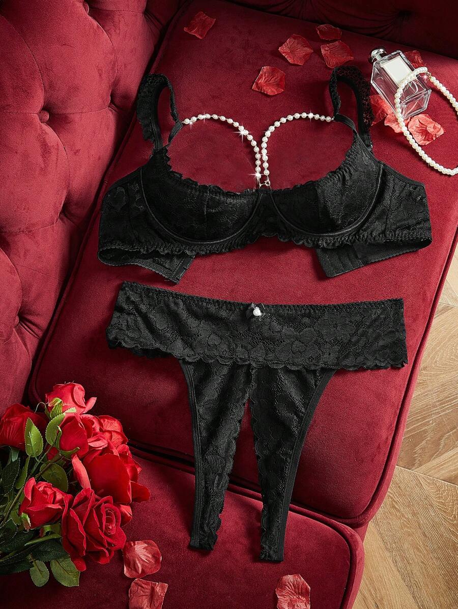 2pcs/Set Plus Size Lace Lingerie Set With Wire Support, Valentine's Day - Black - View 1