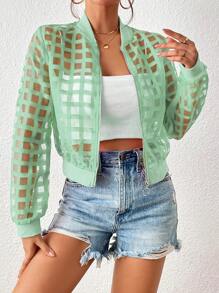 Chiquease Women's Plaid Net Mesh Long Sleeve Casual Baseball Jacket Fall Cloth For Women - Green - View 5
