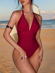 Voyashape Summer 1pc Women's Solid Color Ruched Halter Tie-Up One-Piece Swimsuit - Burgundy - View 5