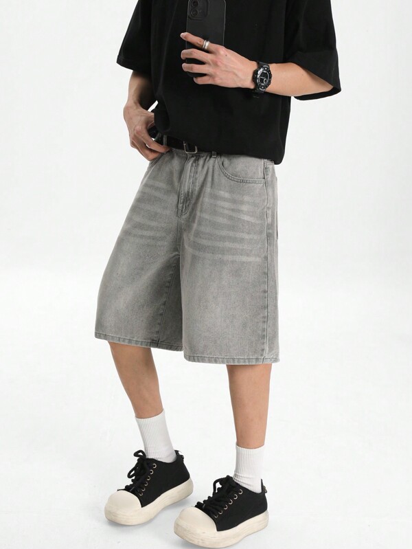 Manfinity Hypemode Men's Light Gray Washed Loose Casual Denim Shorts Jorts, Urbanchill Going Out Hang Out Party Vacation Street