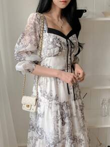 DAZY Women's Mythological Contrast Color Patchwork Mid-Length Dress,Ruffle,Fall Dress Long Sleeve Dress Floral Dresses For Women - White - View 4