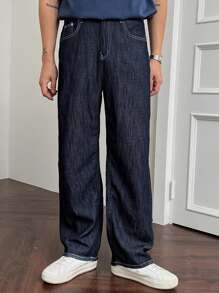 DAZY Autumn Solid Color Pocket Loose Casual Men's Denim Jeans - Blue - View 7