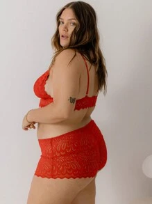Aralina Curve Valentine Heart Red Love All Over Lace Lingerie Bralette And Boyleg Knicker Two Pieces Set - Red - View 9