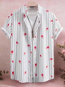 Manfinity Homme Camisa casual de manga corta de una sola botonadura con rayas en forma de corazón para hombre