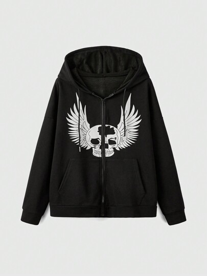 Fairycore Skull Graphic Zip Up Drawstring Hoodie