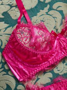 3pcs/Set Women Sexy Lace Bra Set With Underwire, Rose Red - Hot Pink - View 10