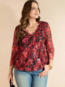 SHEIN Clasi Blusa de mujer con estampado de encaje de rosa y cuello de volantes en tallas grandes, cómoda y elegante, para primavera/verano - Multicolor - Ver 4