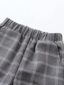 SHEIN 2 件套男童西装套装：剪裁格子西装外套和松紧腰裤。采用柔软、抗皱面料制成，适合春季、秋季和冬季场合，如派对、婚礼和学校 - 黑色 - 查看 6