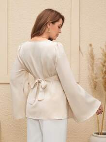 SHEIN Áo cánh tay loe cổ xếp nếp màu trơn thanh lịch cho phụ nữ mang thai - Màu be - Xem 2