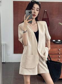 DAZY Conjunto de top blazer de lino de albaricoque de manga corta y pantalones cortos para mujer, traje informal de verano ligero de manga corta mitad sólido, conjunto de dos piezas para mujer - Caqui - Ver 2