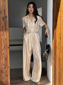 DAZY Combinaison courte avec ceinture et col de blazer rayée, pour femmes - Kaki - Voir 7