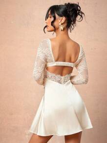 L'Amorae Elegant Women's Sheer White Lace Bustier Long Sleeve Mini Dress,Off-White Autumn Outfit For Date Night,Formal Party,Prom,Wedding & Evening Events - Apricot - View 2