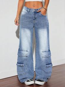 SHEIN ICON 复古美式休闲直筒女式牛仔工装裤 - 中等水洗藍 - 查看 5