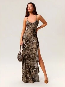 Glamine Women's Jungle Camo Maxi Dress: Sexy Leopard Print With High Slit And Ruffle Detail Women Dresses Vacation