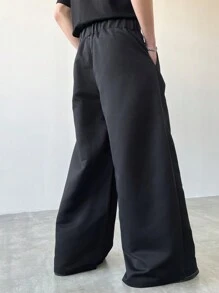 Claim Dot Plus Size Men's Solid Color Pleated Wide Leg Casual Pants, Loose Black Pants, Fall - Black - View 2