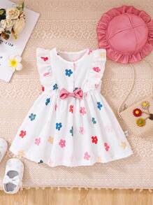 2pcs Baby Girl Cute Bow & Floral Ruffles Decor White Dress & Hat Set, Suitable For Spring/Summer Holiday And Outdoor Play - White - View 1