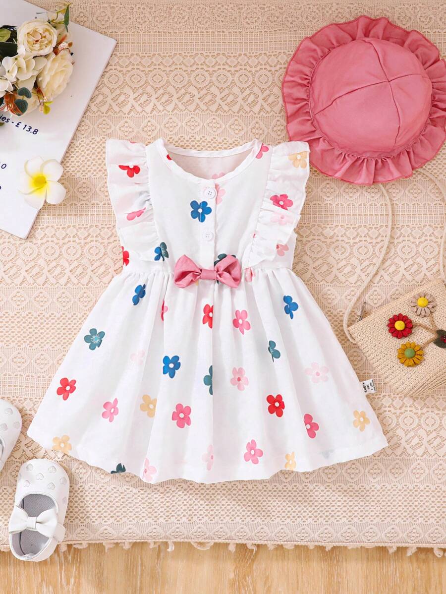2pcs Baby Girl Cute Bow & Floral Ruffles Decor White Dress & Hat Set, Suitable For Spring/Summer Holiday And Outdoor Play - White - View 1