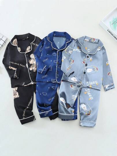 SHEIN 6pcs/Set Toddler Boys Cute Bear Cartoon Print Long Sleeve Top And Long Pants Pajamas, Simple Fashion Home Outfit