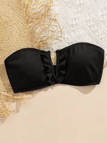 Swim Mod 夏季女式黑色针织罗纹面料性感 V 领花卉边比基尼上衣，适合海滩和度假