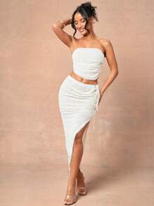 L'Amorae Asymmetric High Slit Crochet Ruched Vacation Maxi Skirt, Spring Summer For Women - Apricot - View 4