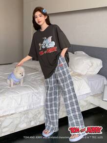 TOM AND JERRY X DAZY 2 件套女士卡通印花短袖格子睡衣套装 - 深灰色 - 查看 6