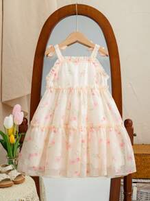 SHEIN 年轻女孩夏季雪纺蛋糕裙，无袖碎花休闲甜美公主裙，2025 年春夏新品系列 - 粉色 - 查看 2