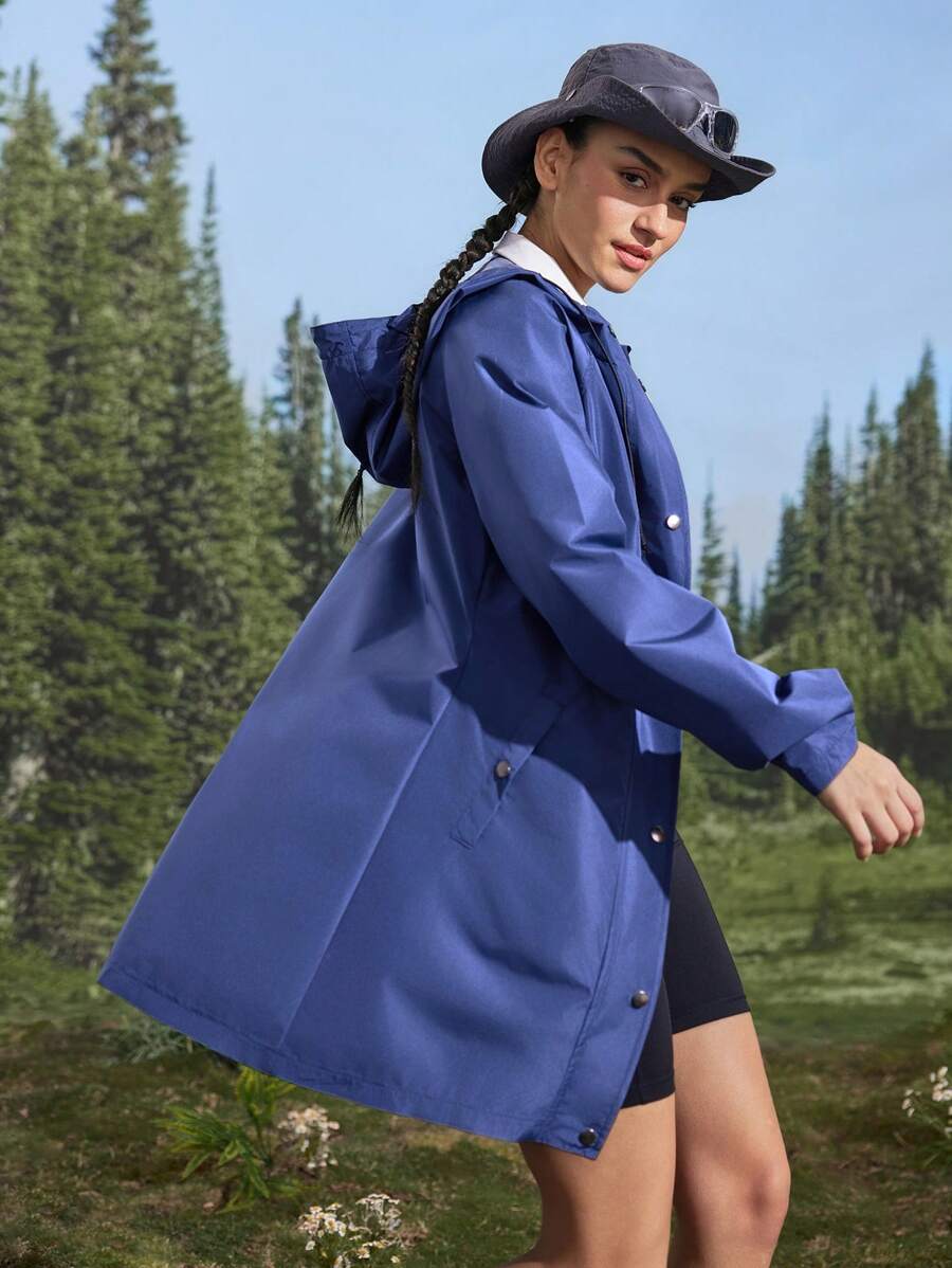 In My Nature Women's Solid Color Front Zipper Long Sleeve Pocket Simple Casual Hooded Rain Jacket - Blue - View 1