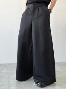 Claim Dot Plus Size Men's Solid Color Pleated Wide Leg Casual Pants, Loose Black Pants, Fall - Black - View 4