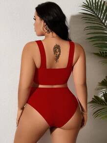 SHEIN Swim Curve Bộ đồ bơi ngày lễ đơn giản 2 mảnh cỡ lớn cho nữ, dành cho kỳ nghỉ hè ở bãi biển - Đỏ - Xem 2