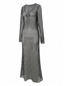 SHEIN Swim 1 Pc Long Sleeve Beach Cover-Up Dress, Solid Color Fishnet, Front Circular Ring Deep V Elegant Design For Women, For Summer Vacation