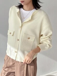 FRIFUL 女士纯色前扣长袖口袋休闲上衣，日常穿着 - 白色 - 查看 5