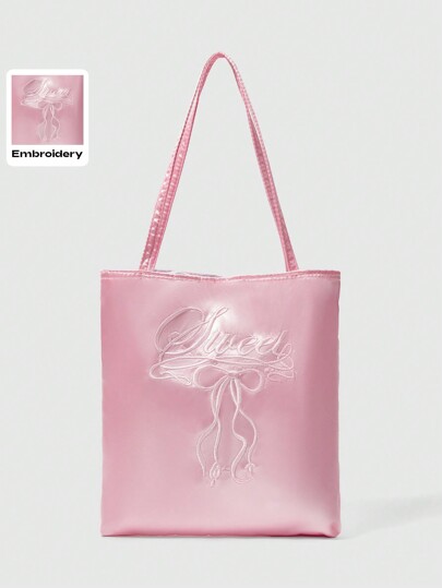 Kawaii 1 pezzo Borsa a tracolla rosa da donna con ricamo e fiocco con scritta "Sweet"