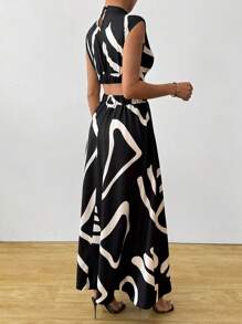 Vavine 女士立领无袖印花镂空简约休闲连衣裙 - 黑色 - 查看 2