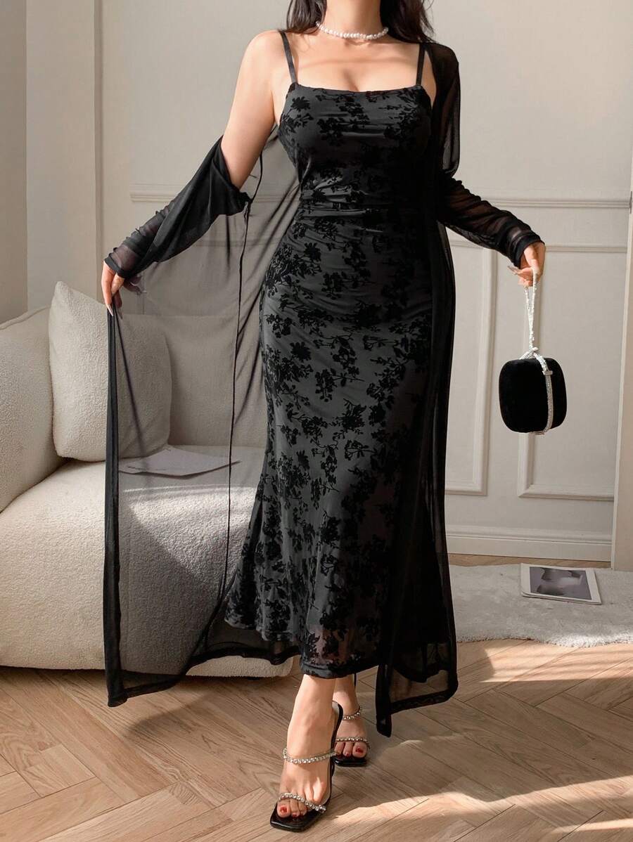 DAZY 2 件套女式网眼披肩夹克和修身碎花吊带裙，情人节装扮舞会礼服，秋季女装