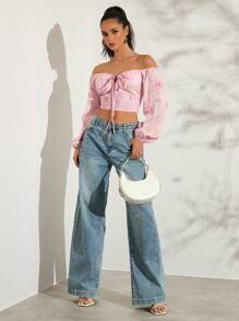 Glamine Floral Print Off Shoulder Tie Neck Bow Cuff Long Sleeve Elegant Blouse For Women, Spring/Summer Tops Pink Tie Up Top - Multicolor - View 7