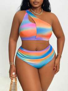 SHEIN Swim Curve Plus Size Women 2pcs/Set Colorful Tie Dye Print One Shoulder Hollow Top Paired With Matching Ruched Print Sexy Summer Beach Swimwear Set