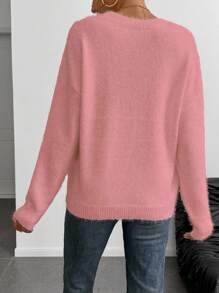 Chiquease European & American Stylish Heart Embroidery Pattern Faux Mink Loose Fit Casual Pullover Sweater, For Valentine's Day/Autumn/Winter